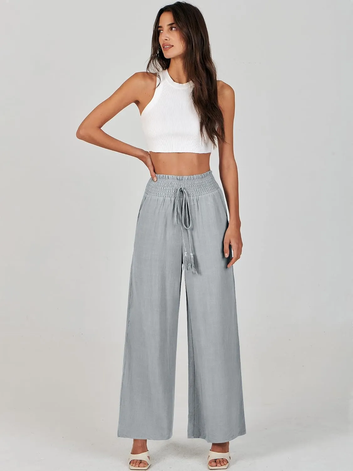 ANRABESS Women's Linen Pants Summer Casual Palazzo Beach Pant Drawstring High Waist Wide Leg Trousers Vacation Outfits