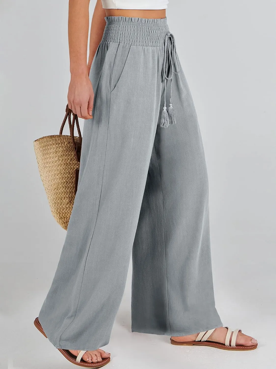 ANRABESS Women's Linen Pants Summer Casual Palazzo Beach Pant Drawstring High Waist Wide Leg Trousers Vacation Outfits