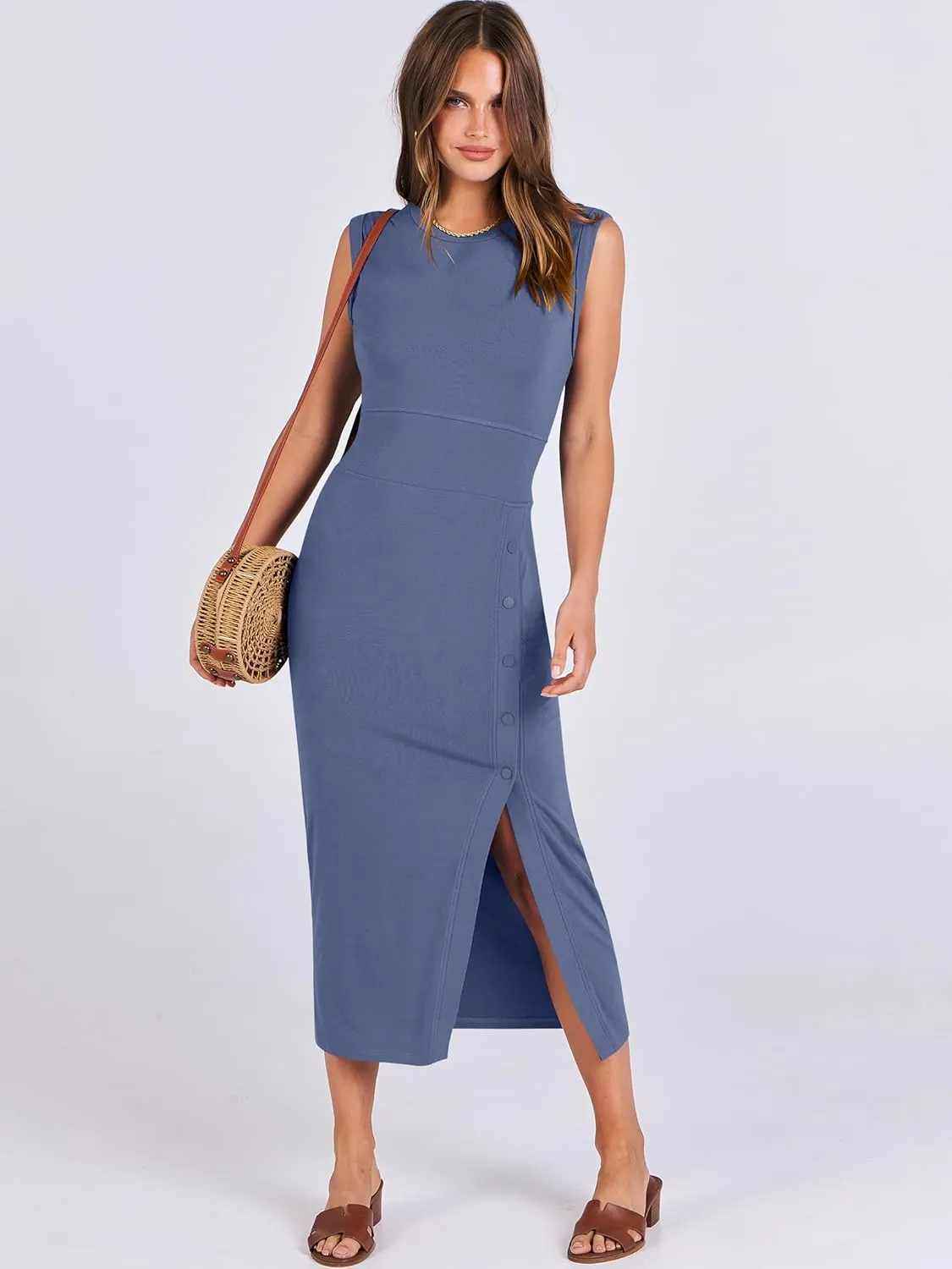 ANRABESS Womens Slim Fit Tank Dresses Sexy Button Slit Bodycon Business Work Sundresses 2025 Summer Trendy Club Midi Dress
