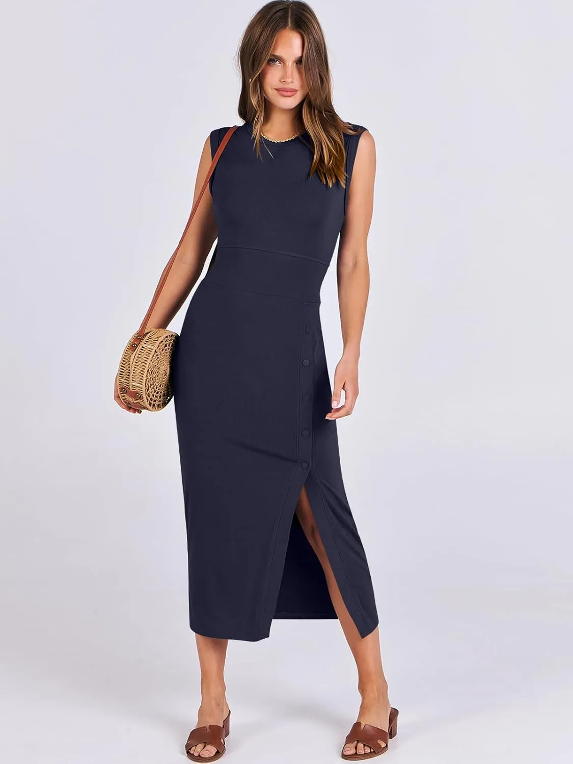 ANRABESS Womens Slim Fit Tank Dresses Sexy Button Slit Bodycon Business Work Sundresses 2025 Summer Trendy Club Midi Dress