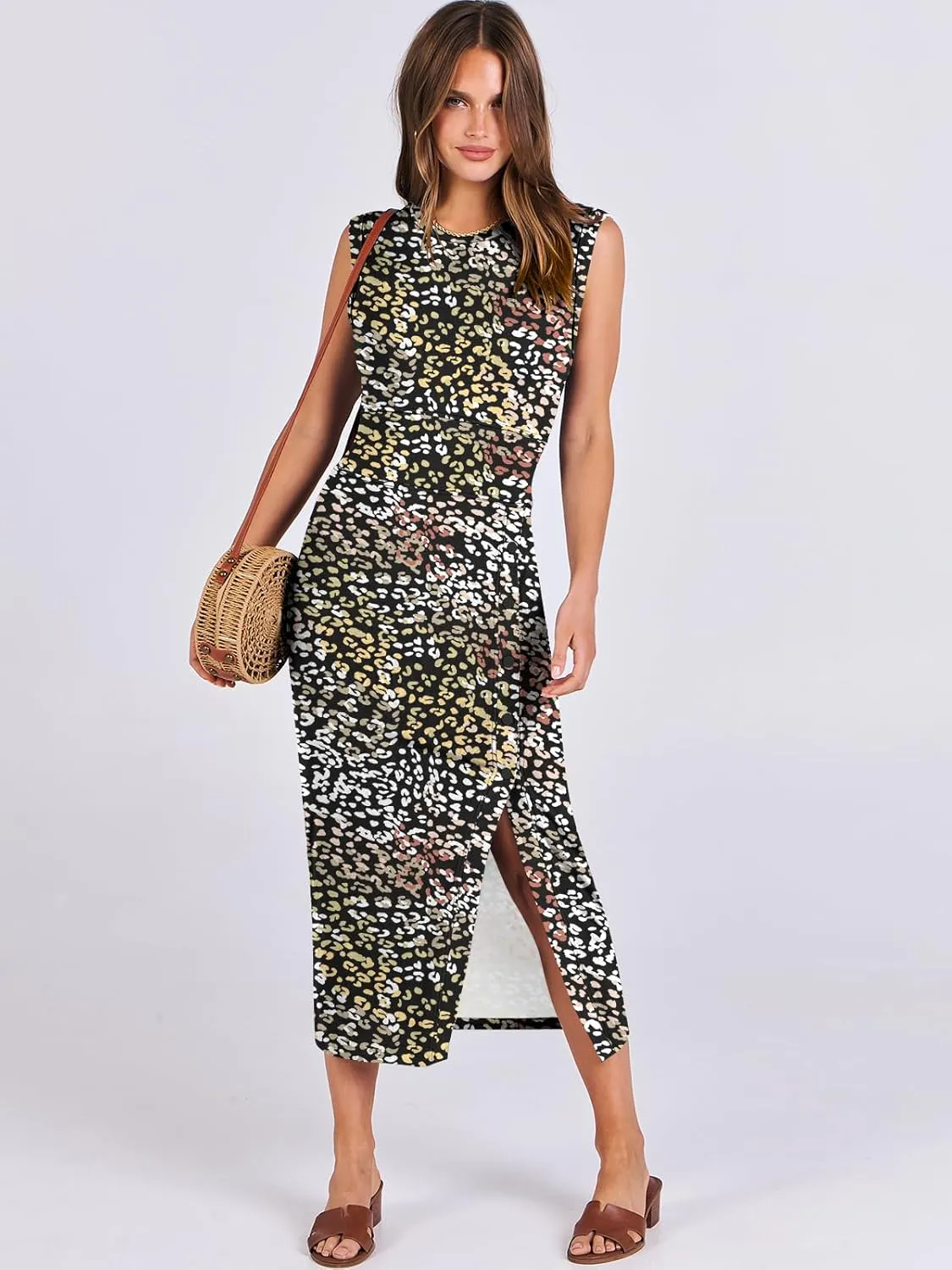 ANRABESS Womens Slim Fit Tank Dresses Sexy Button Slit Bodycon Business Work Sundresses 2025 Summer Trendy Club Midi Dress