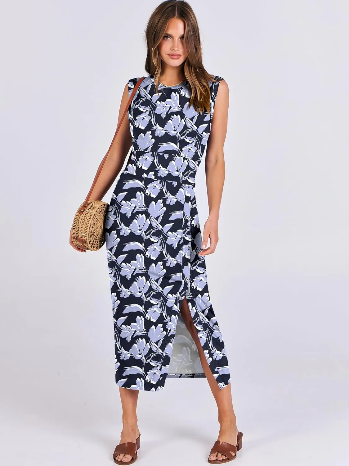 ANRABESS Womens Slim Fit Tank Dresses Sexy Button Slit Bodycon Business Work Sundresses 2025 Summer Trendy Club Midi Dress