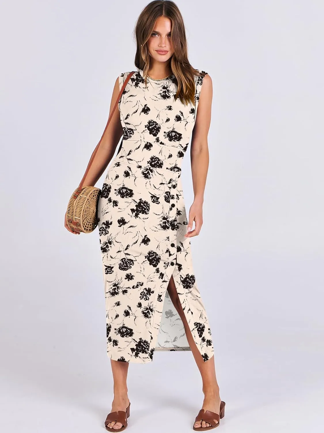 ANRABESS Womens Slim Fit Tank Dresses Sexy Button Slit Bodycon Business Work Sundresses 2025 Summer Trendy Club Midi Dress