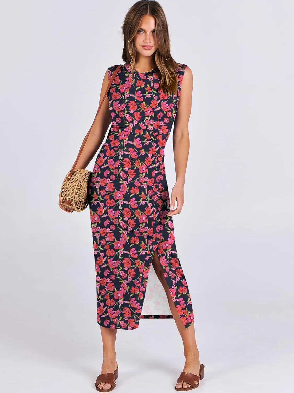 ANRABESS Womens Slim Fit Tank Dresses Sexy Button Slit Bodycon Business Work Sundresses 2025 Summer Trendy Club Midi Dress