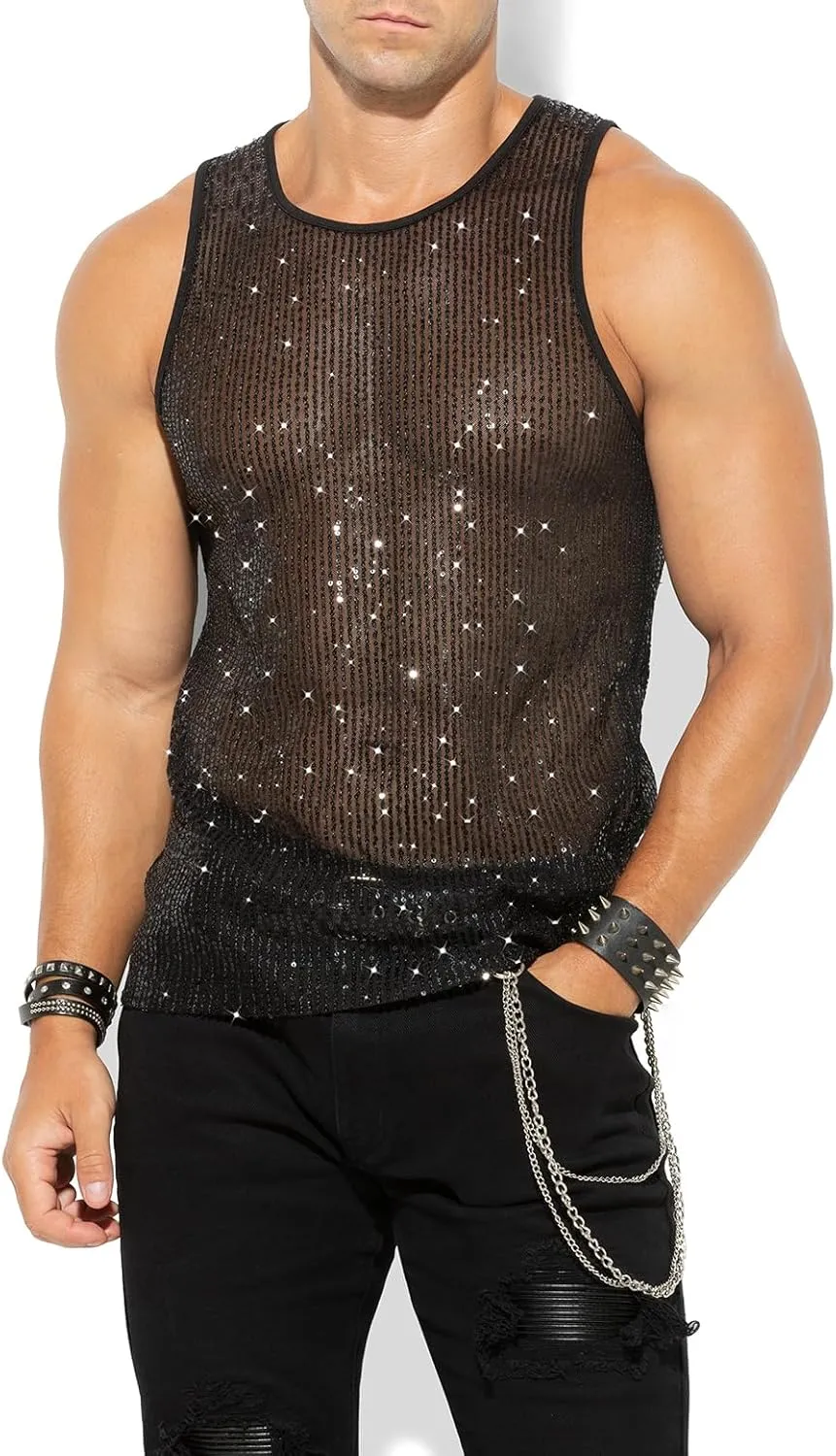 Arjen Kroos Men's Sexy Sparkly Tank Top See-Through Mesh Sequin Disco Vest