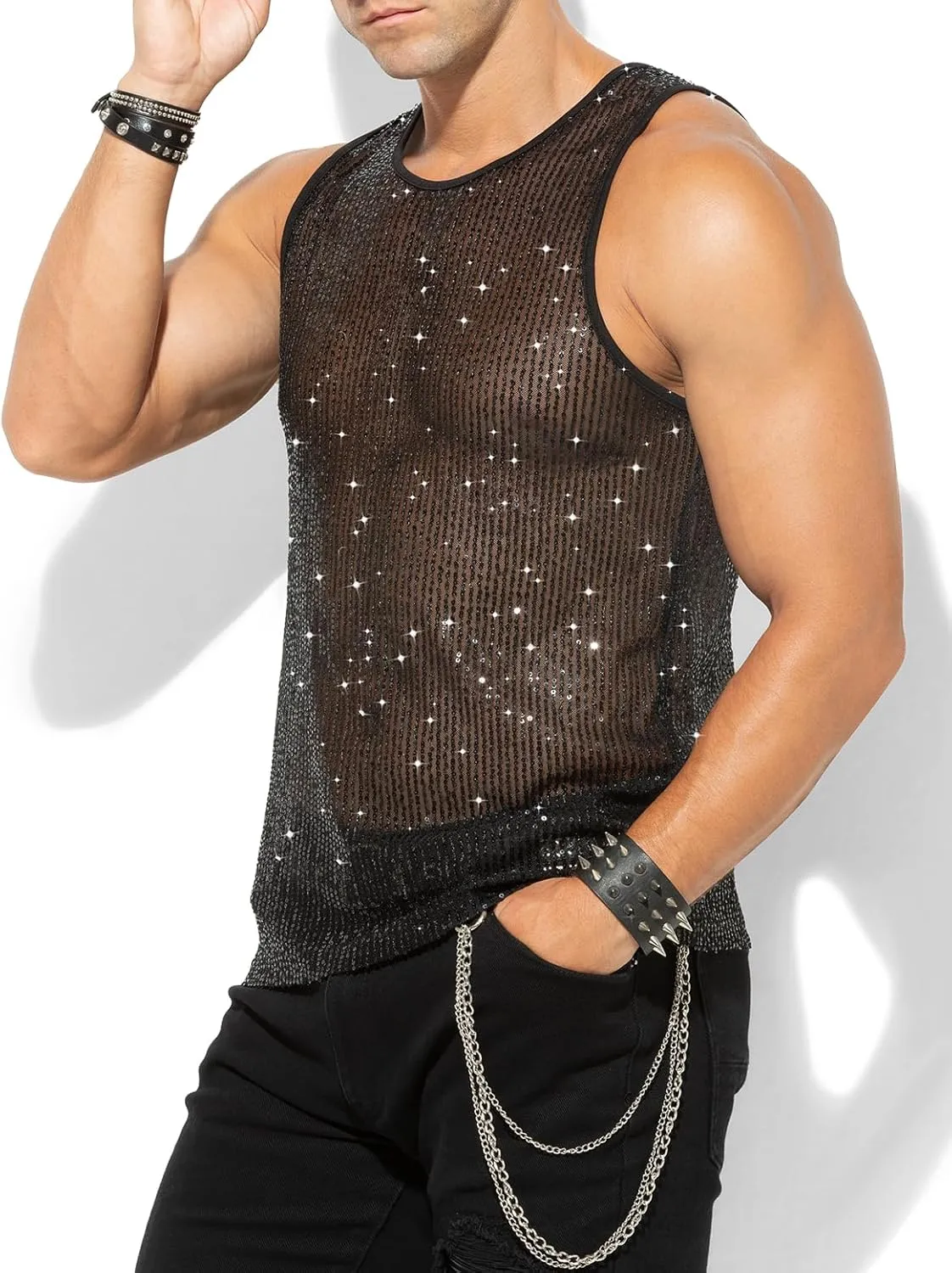 Arjen Kroos Men's Sexy Sparkly Tank Top See-Through Mesh Sequin Disco Vest