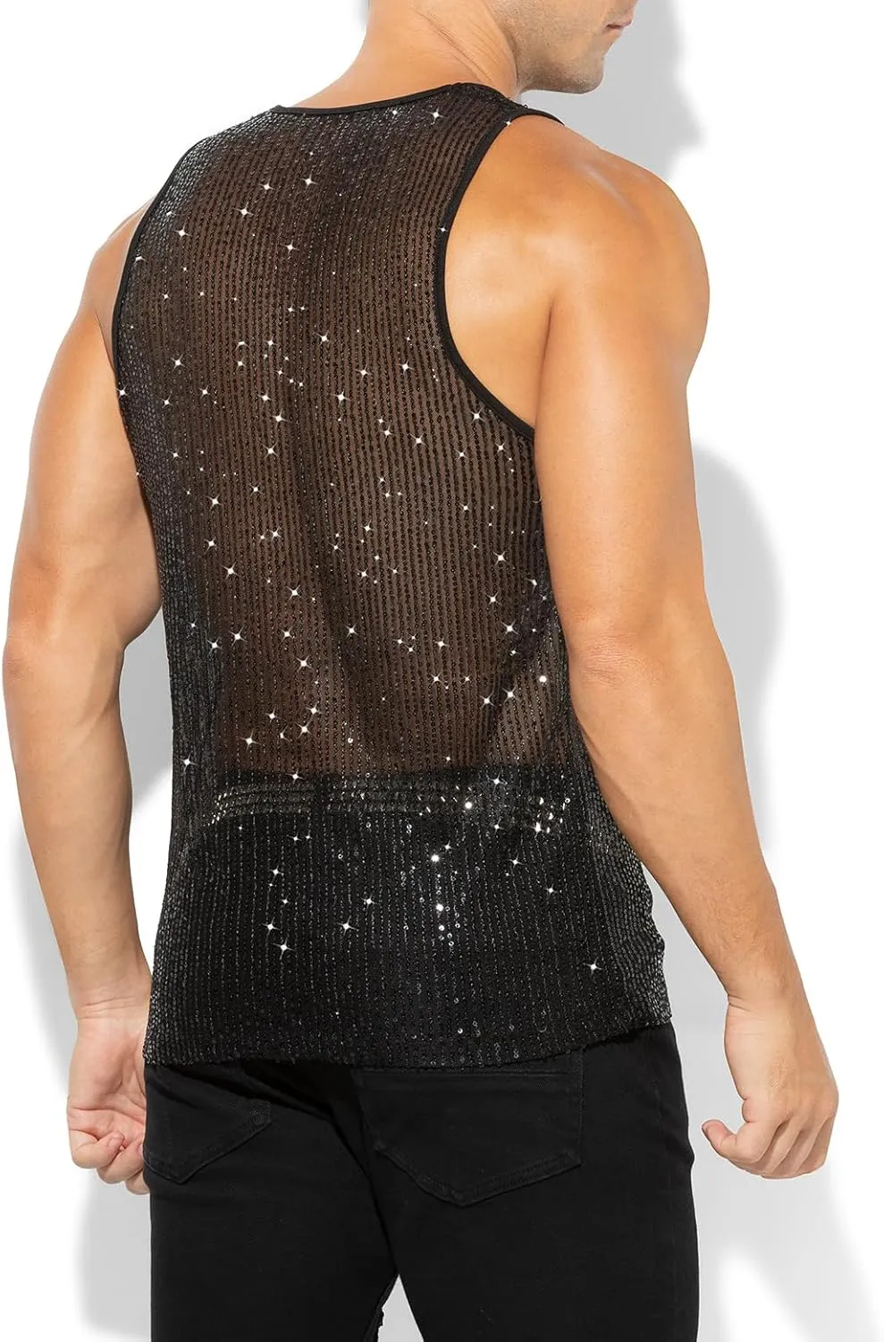 Arjen Kroos Men's Sexy Sparkly Tank Top See-Through Mesh Sequin Disco Vest