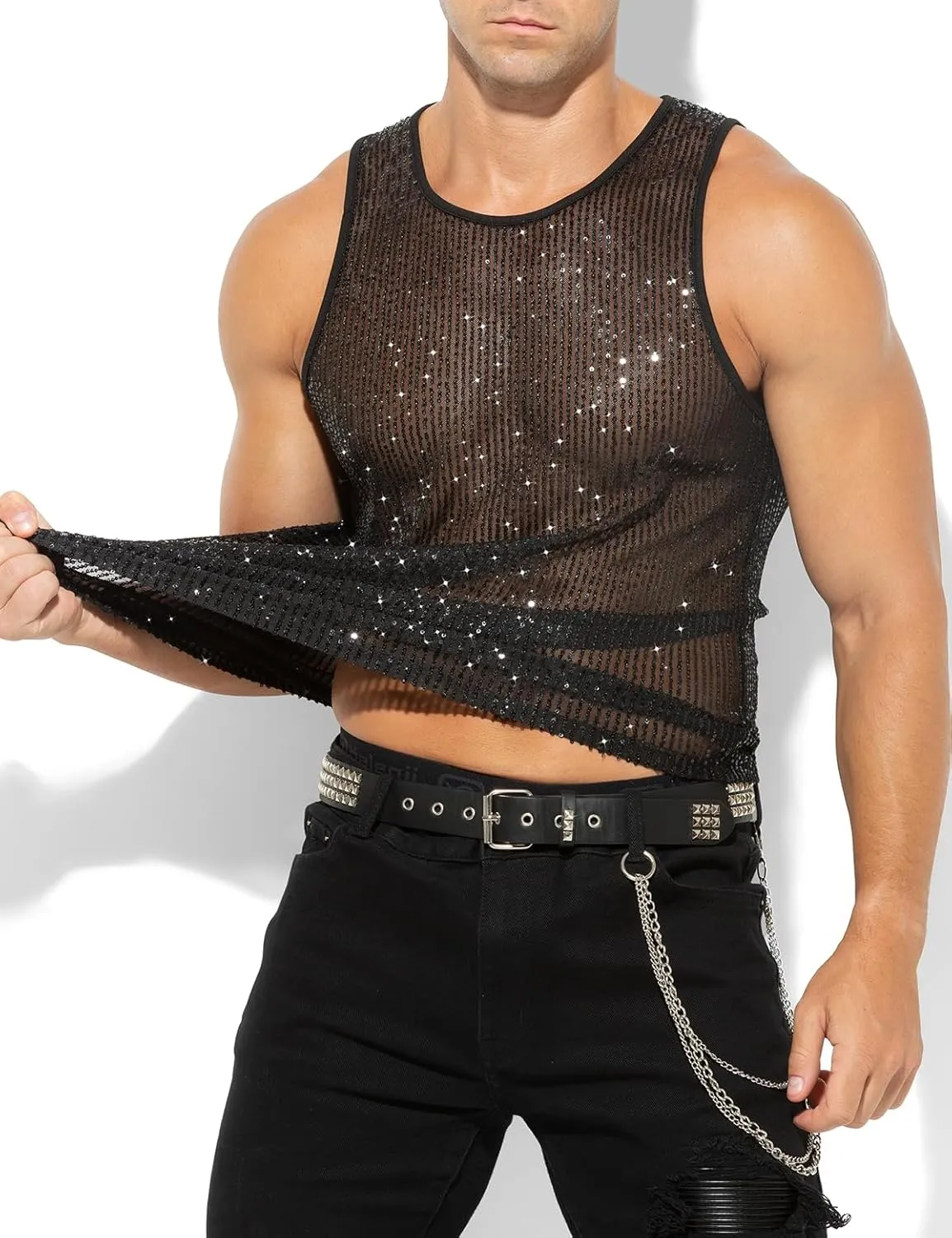 Arjen Kroos Men's Sexy Sparkly Tank Top See-Through Mesh Sequin Disco Vest