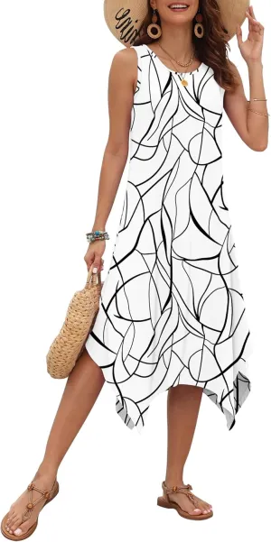 AUSELILY Women's Summer Dresses 2025 Casual Sleeveless Sundress Asymmetrical Hem Midi Tank Beach Dress with Pockets