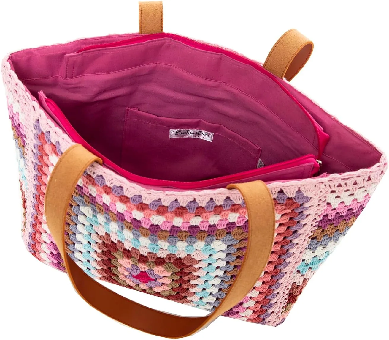 Back From Bali Womens 100% Cotton Hand Crochet Large Tote Bag Fully Lined Zipper Closure Colorful Handbag