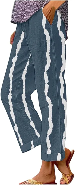 Baggy Harem Elastic Waist Palazzo Cotton Linen Casual Pants Business Work Casual Pants Womens Summer Pants Long