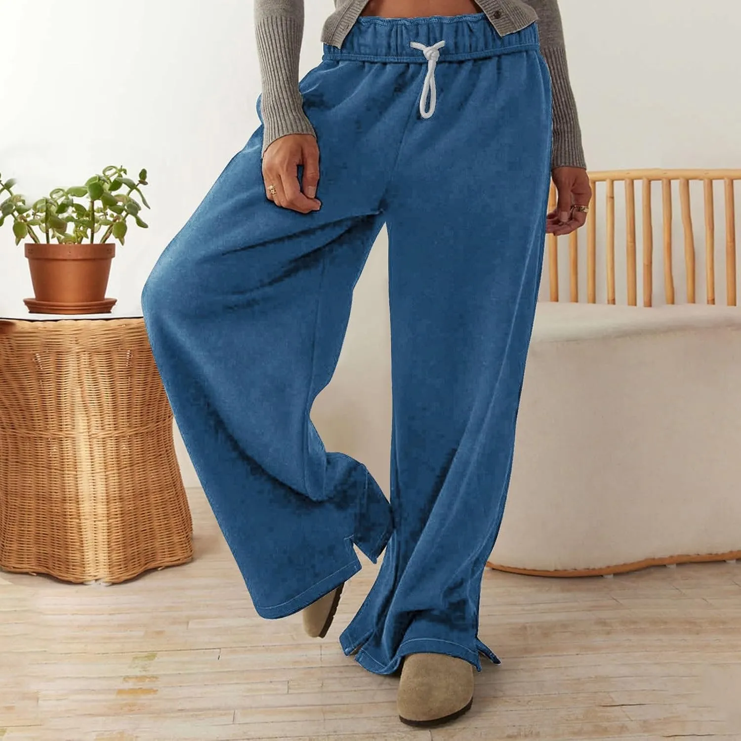 Baggy Wide Leg Sweatpants Women Fleece Interior Drawstring Cute Y2k Sweat Pants Athletic Works Joggers with Pockets