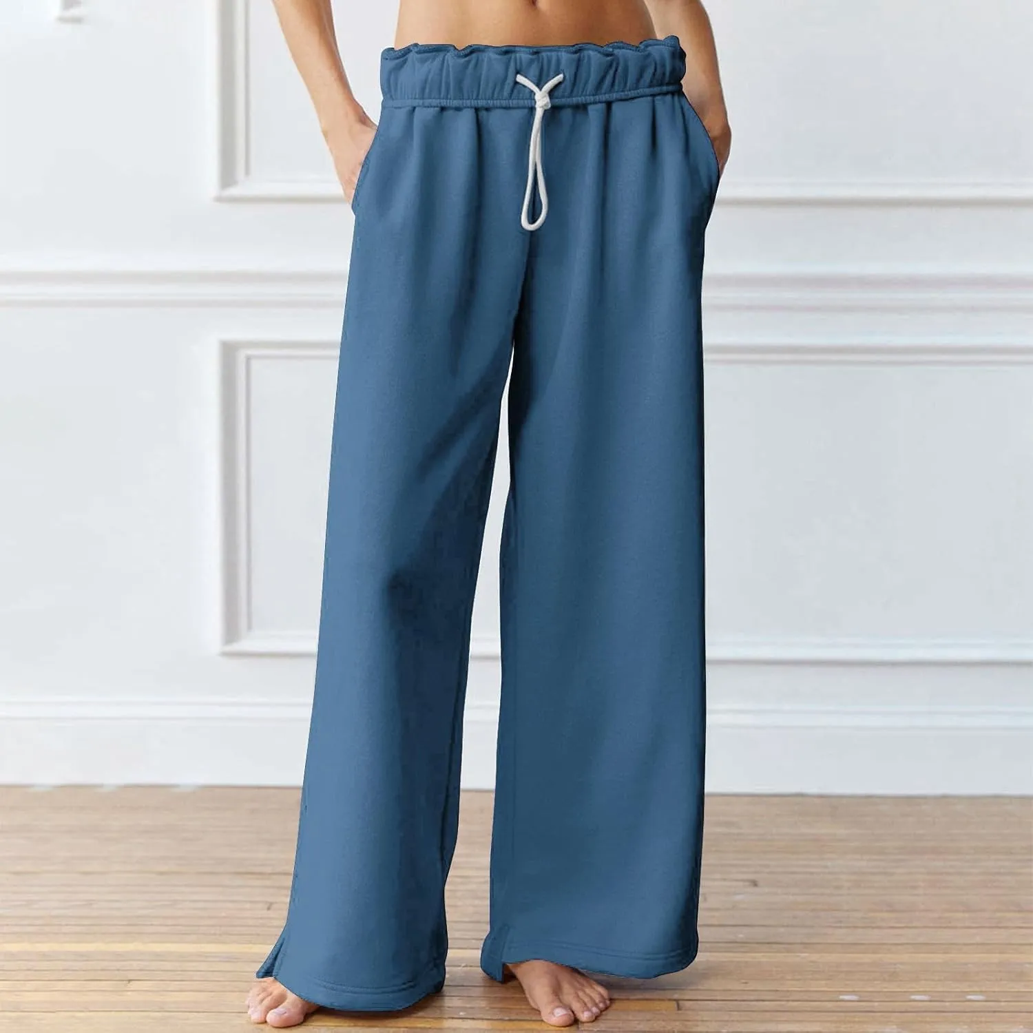 Baggy Wide Leg Sweatpants Women Fleece Interior Drawstring Cute Y2k Sweat Pants Athletic Works Joggers with Pockets