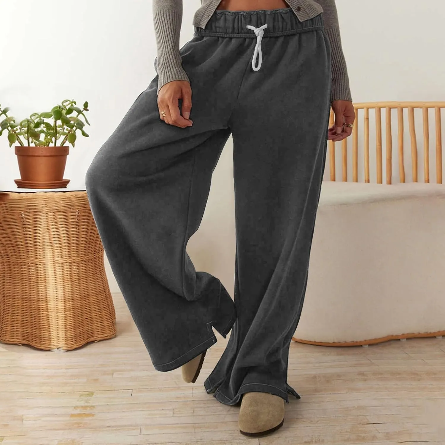 Baggy Wide Leg Sweatpants Women Fleece Interior Drawstring Cute Y2k Sweat Pants Athletic Works Joggers with Pockets