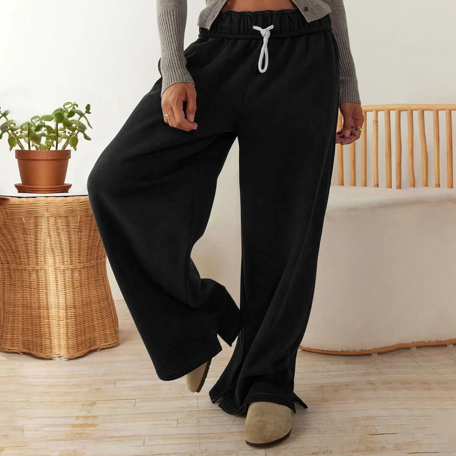 Baggy Wide Leg Sweatpants Women Fleece Interior Drawstring Cute Y2k Sweat Pants Athletic Works Joggers with Pockets
