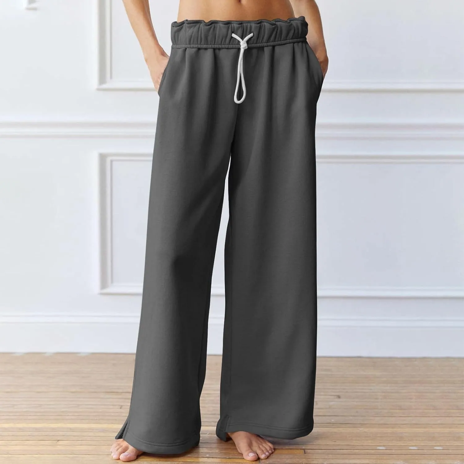 Baggy Wide Leg Sweatpants Women Fleece Interior Drawstring Cute Y2k Sweat Pants Athletic Works Joggers with Pockets