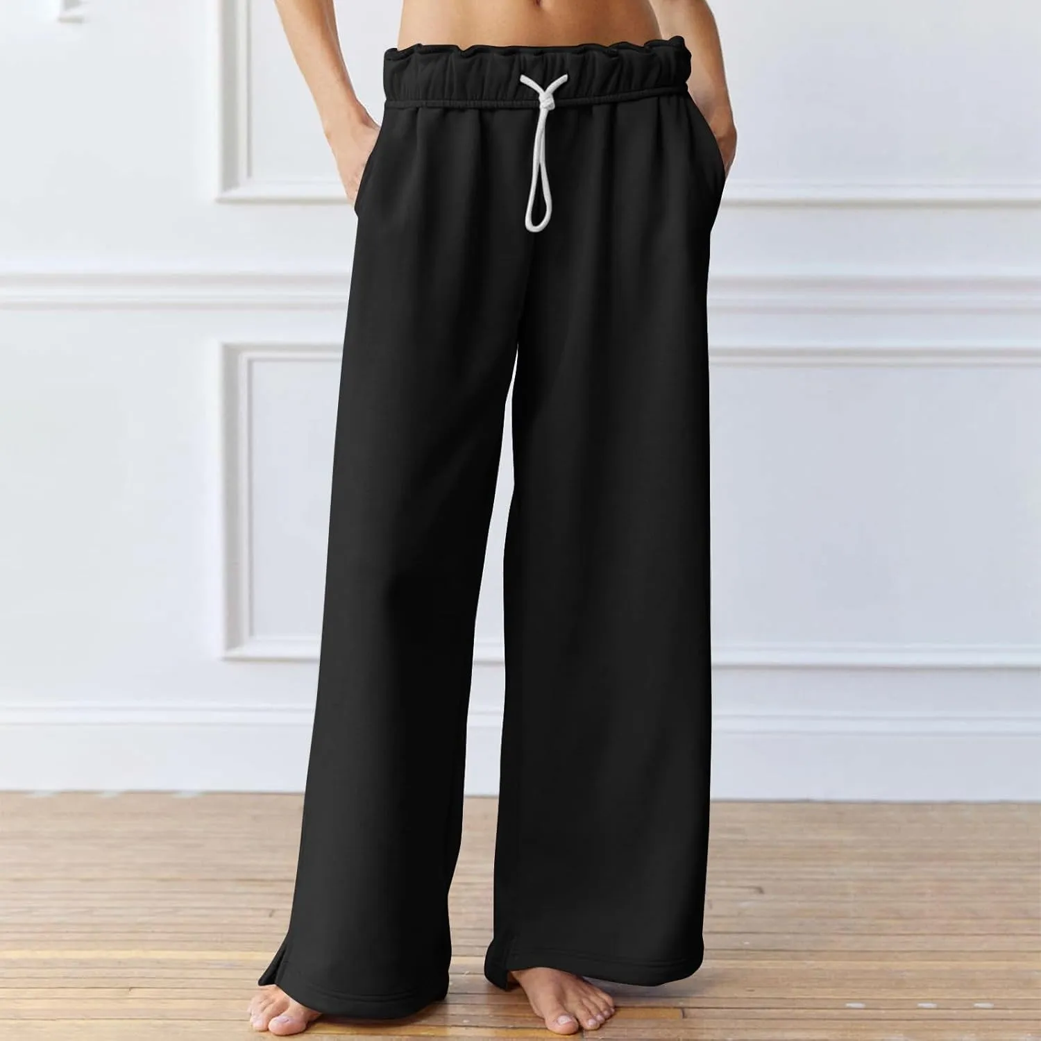 Baggy Wide Leg Sweatpants Women Fleece Interior Drawstring Cute Y2k Sweat Pants Athletic Works Joggers with Pockets