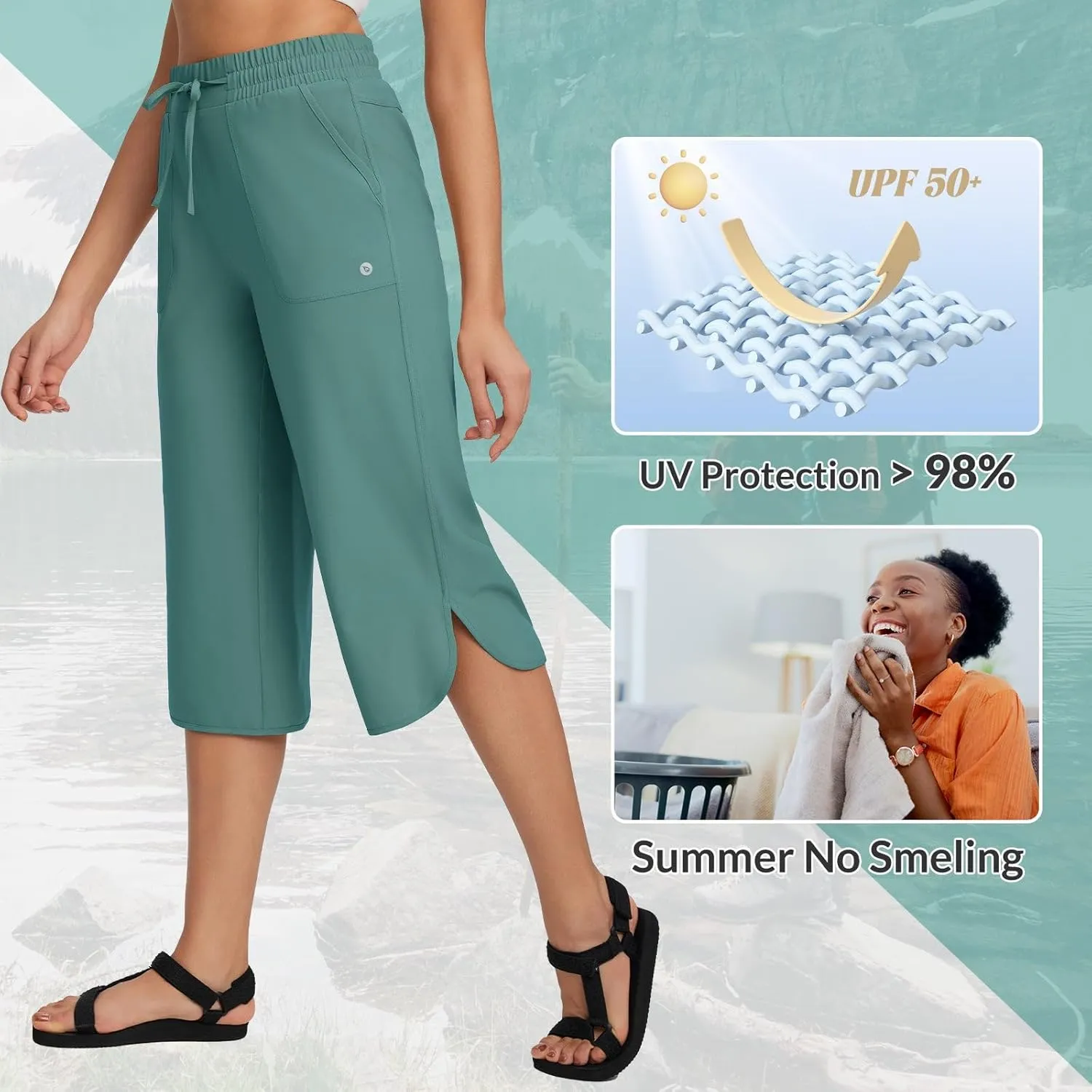 baleaf Women's Capri Pants Wide Leg Plus Size UPF50  Lightweight Quick Dry Pants Casual Loose Sweatpants Hiking Walking