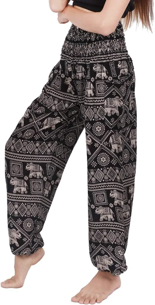 Banjamath Women's Smocked Waist Harem Hippie Boho Yoga Palazzo Casual Pants