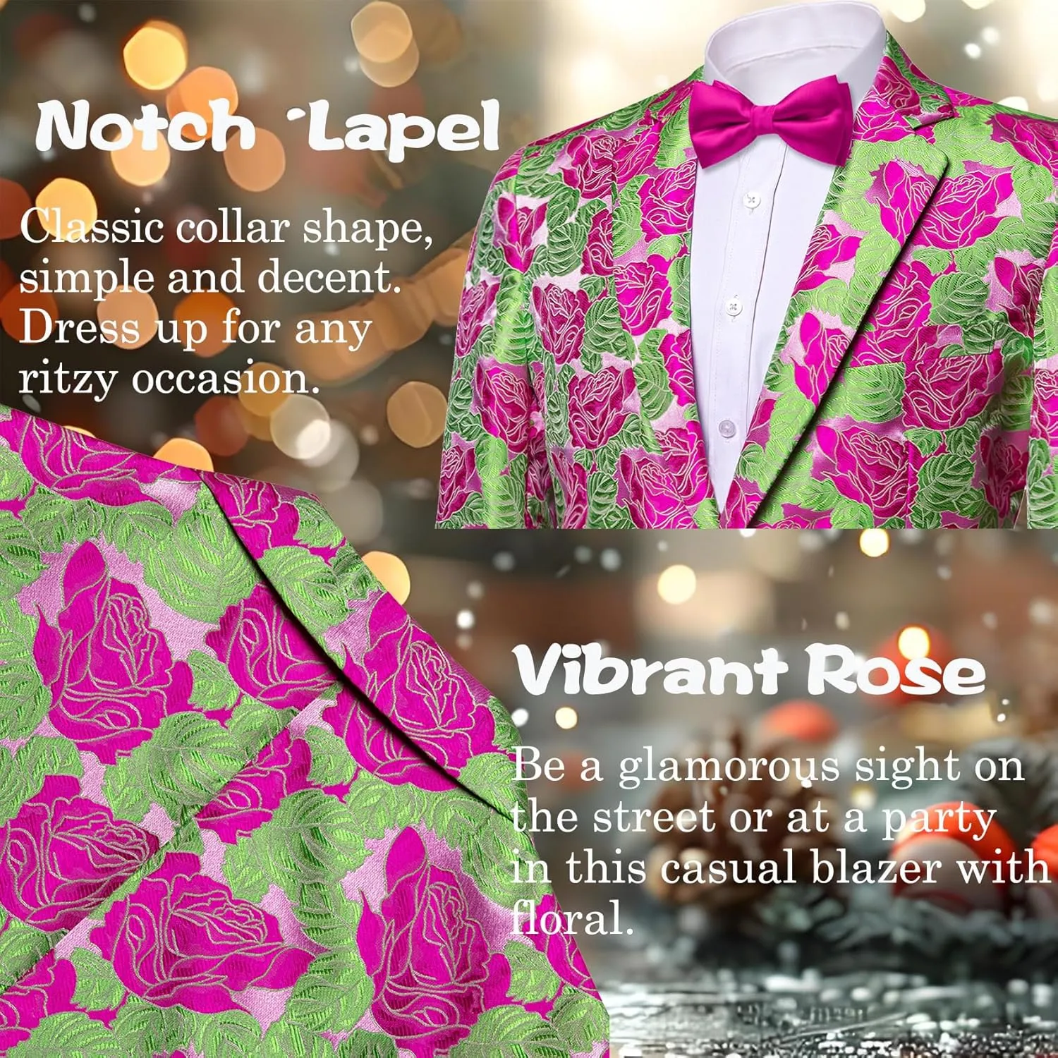 Barry.Wang Mens Floral Blazer Notched Lapel Suit Jacket Flowers Tuxedo Party Christmas Holiday Cruise Coat