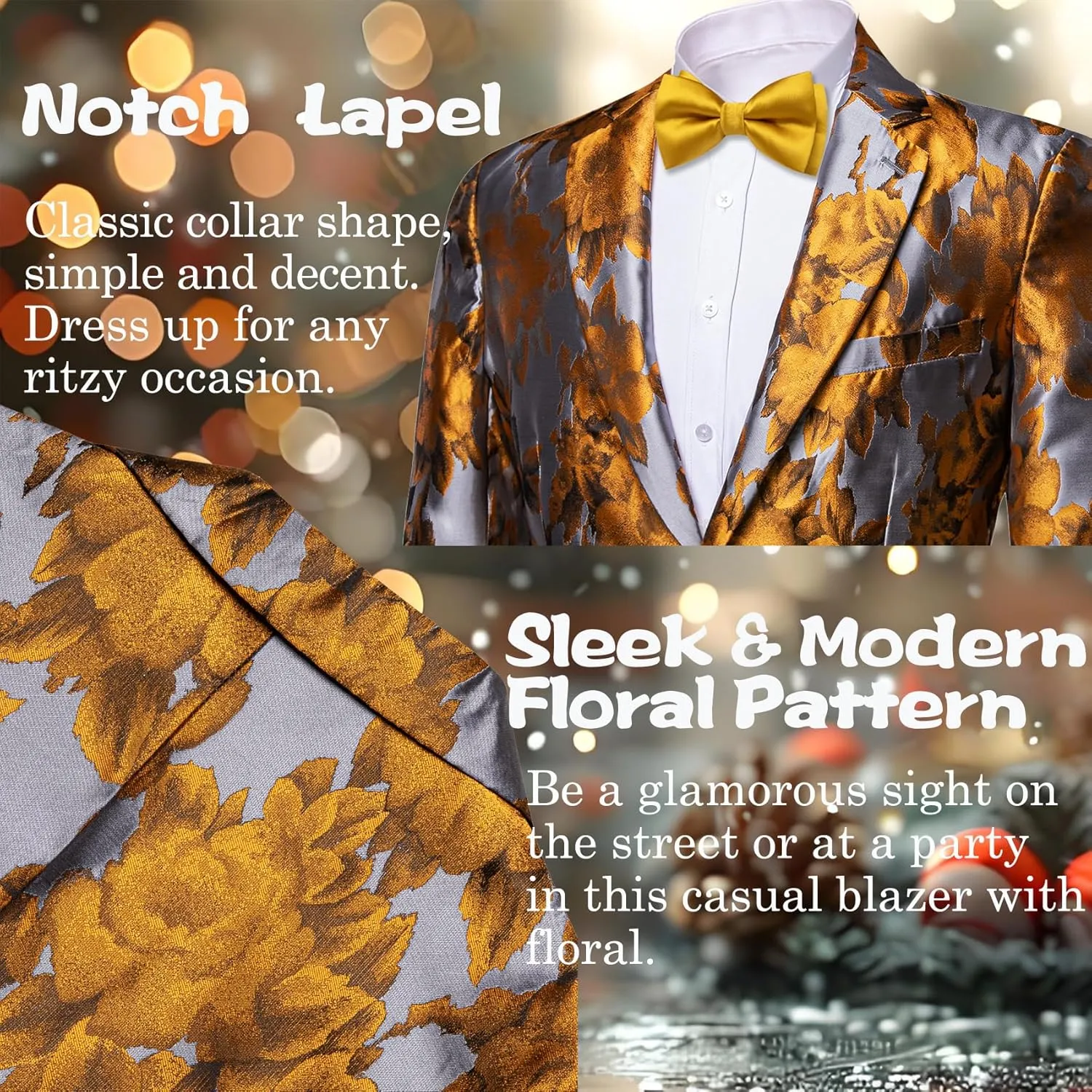 Barry.Wang Mens Floral Blazer Notched Lapel Suit Jacket Flowers Tuxedo Party Christmas Holiday Cruise Coat