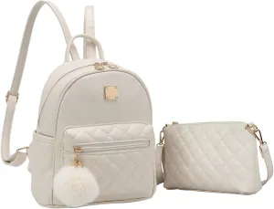 Barsine Girls Fashion Mini Backpack Purse 2 PCS Small Cute Plaid Leather Women Backpacks Little Shoulder Bag, White