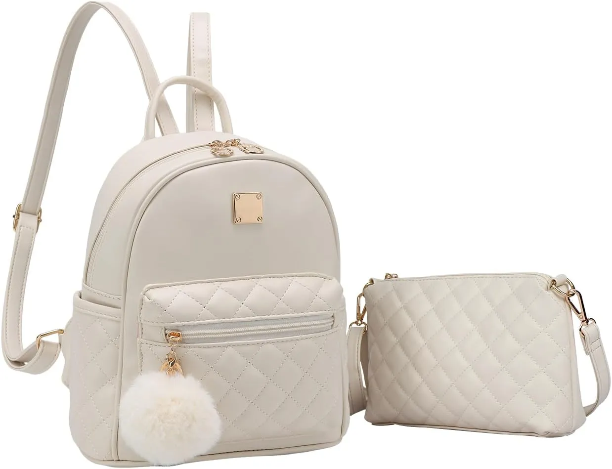 Barsine Girls Fashion Mini Backpack Purse 2 PCS Small Cute Plaid Leather Women Backpacks Little Shoulder Bag, White