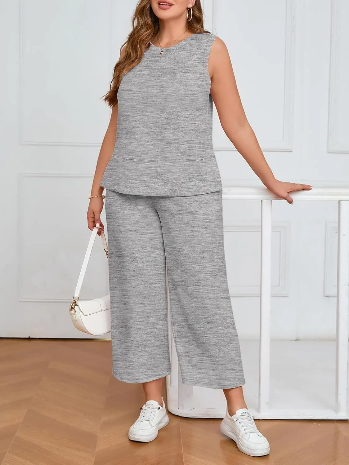 Beautife Women's Plus Size Summer Outfits Sleeveless Tops Wide Leg Pants 2 Piece Lounge Sets Tracksuit with Pockets