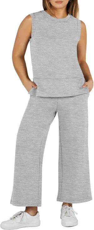 Beautife Women's Plus Size Summer Outfits Sleeveless Tops Wide Leg Pants 2 Piece Lounge Sets Tracksuit with Pockets