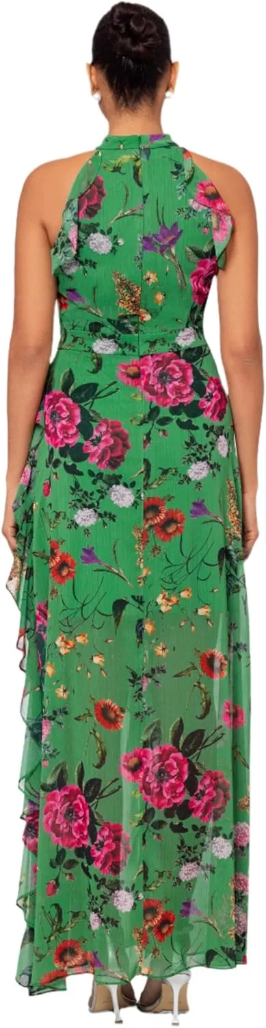 Betsy & Adam Women's Sleeveless Halter Neck Long Chiffon Floral Ruffle Dress