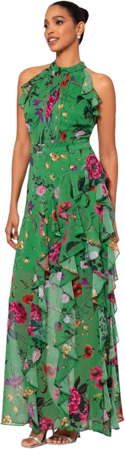Betsy & Adam Women's Sleeveless Halter Neck Long Chiffon Floral Ruffle Dress