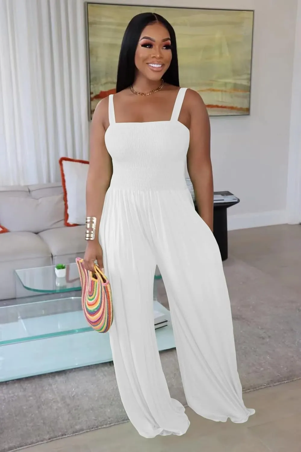 BFFBABY Women's Summer Casual Sleeveless Spaghetti Strap Wide Leg Jumpsuit Loose Tube Top Romper with Pockets