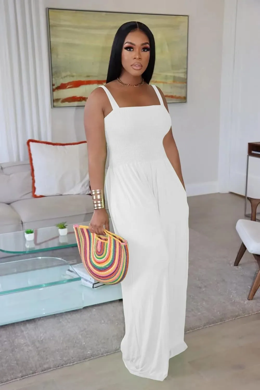 BFFBABY Women's Summer Casual Sleeveless Spaghetti Strap Wide Leg Jumpsuit Loose Tube Top Romper with Pockets