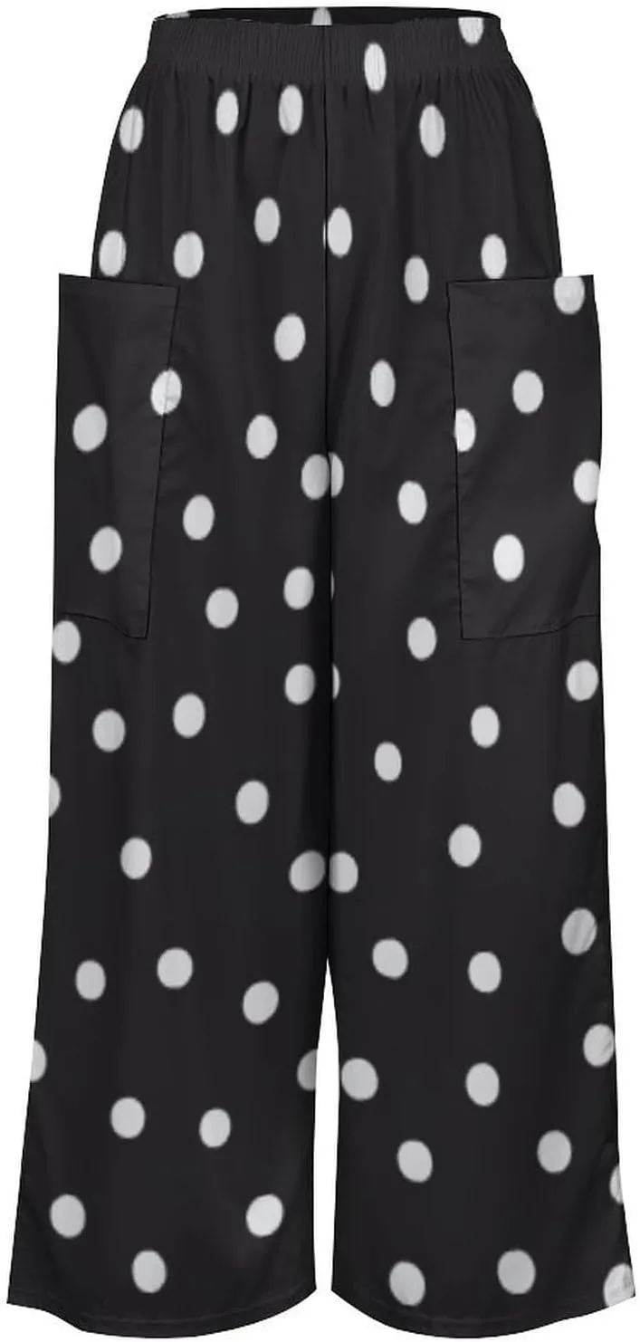 Black White Polka Dots Women's Casual Pants Yoga Loose Wide Legs Trousers with Pockets High Waist