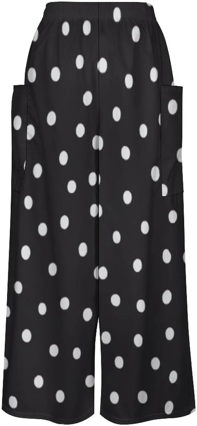 Black White Polka Dots Women's Casual Pants Yoga Loose Wide Legs Trousers with Pockets High Waist