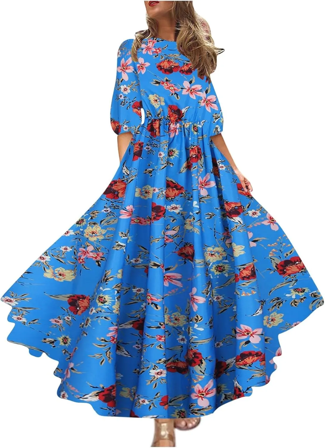 Boho Dresses for Women 2024 Crewneck Puff Short Sleeve Floral Maxi Dress Summer 2024 Trendy Beach Vacation Sundress