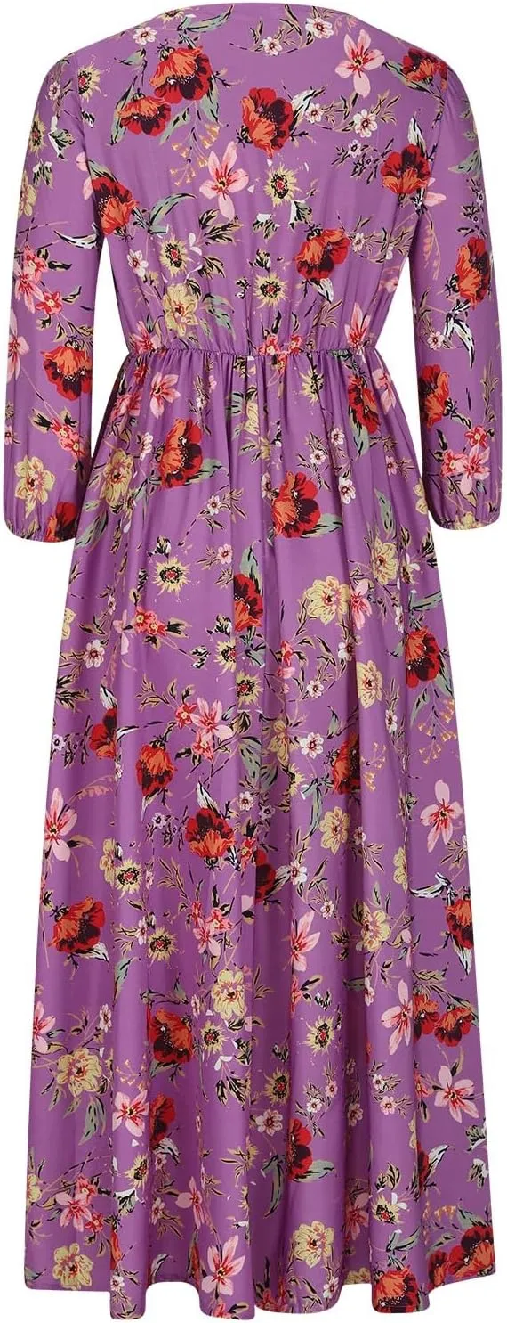 Boho Dresses for Women 2024 Crewneck Puff Short Sleeve Floral Maxi Dress Summer 2024 Trendy Beach Vacation Sundress