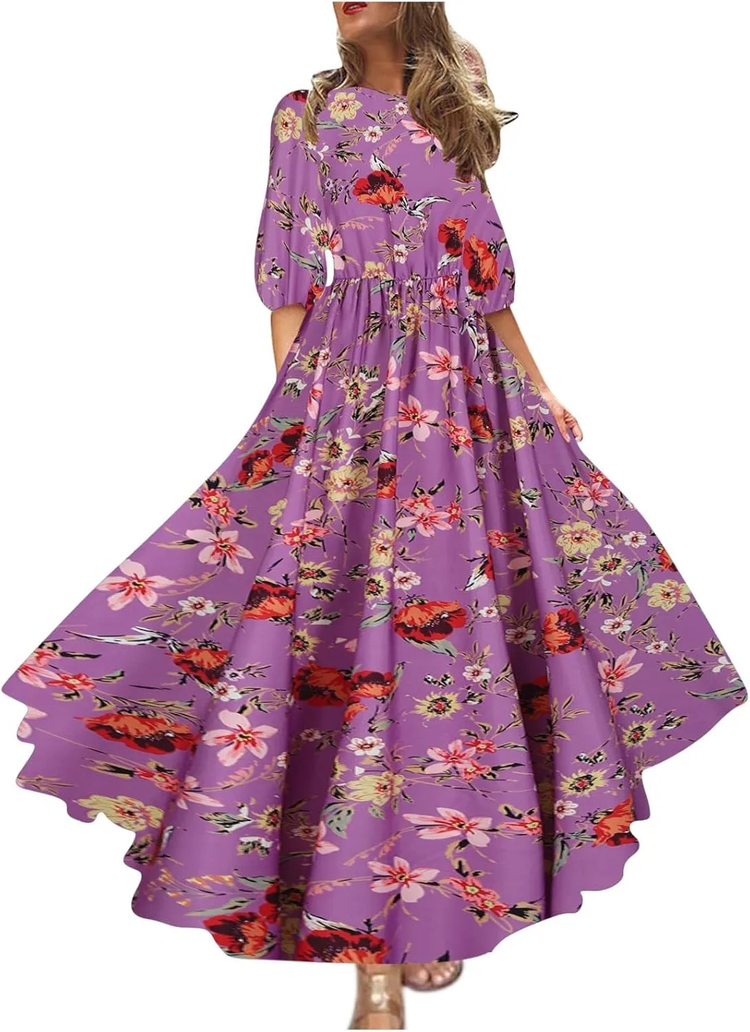 Boho Dresses for Women 2024 Crewneck Puff Short Sleeve Floral Maxi Dress Summer 2024 Trendy Beach Vacation Sundress