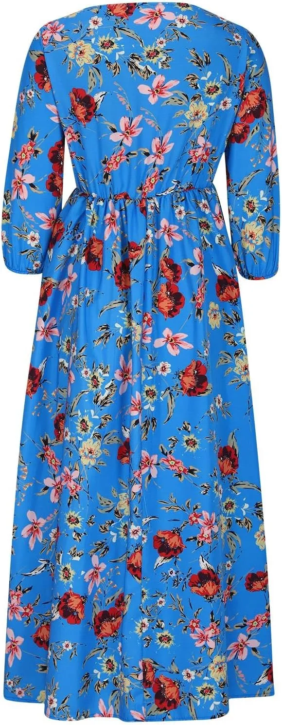 Boho Dresses for Women 2024 Crewneck Puff Short Sleeve Floral Maxi Dress Summer 2024 Trendy Beach Vacation Sundress