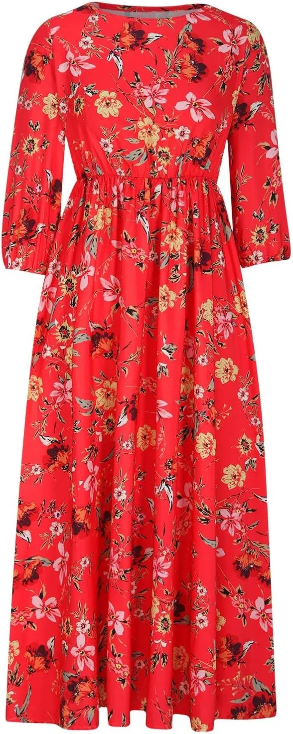 Boho Dresses for Women 2024 Crewneck Puff Short Sleeve Floral Maxi Dress Summer 2024 Trendy Beach Vacation Sundress