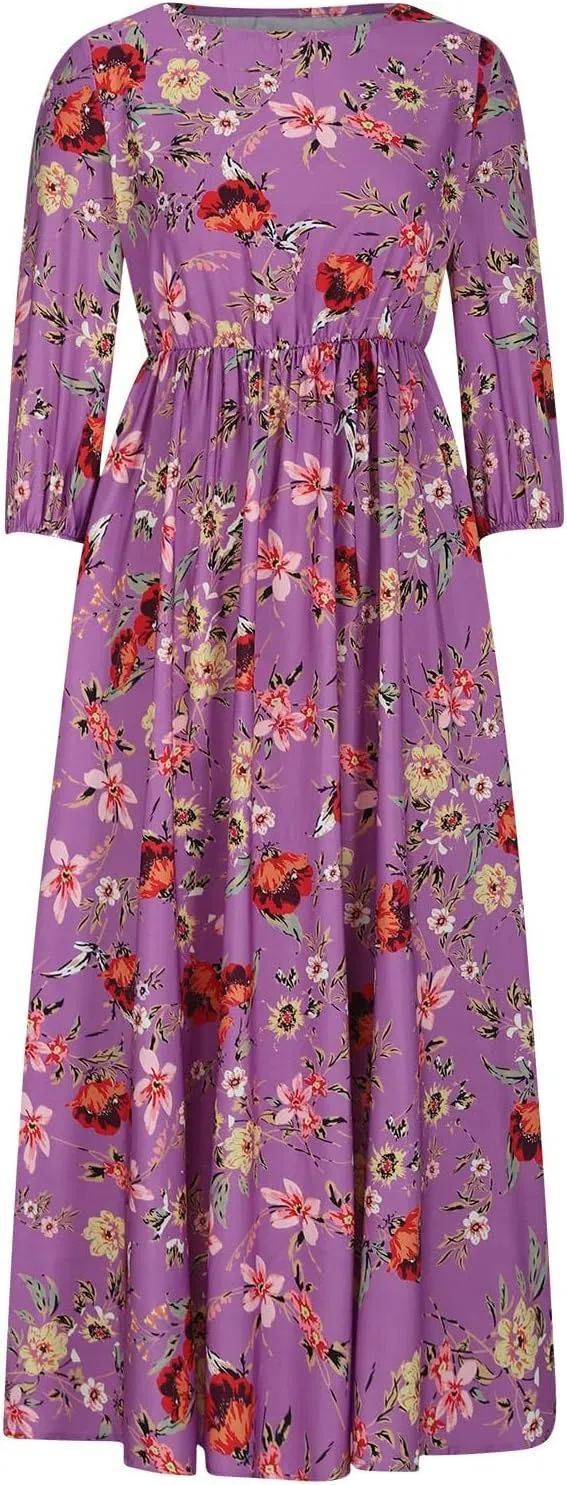 Boho Dresses for Women 2024 Crewneck Puff Short Sleeve Floral Maxi Dress Summer 2024 Trendy Beach Vacation Sundress