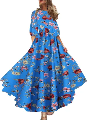 Boho Dresses for Women 2024 Crewneck Puff Short Sleeve Floral Maxi Dress Summer 2024 Trendy Beach Vacation Sundress