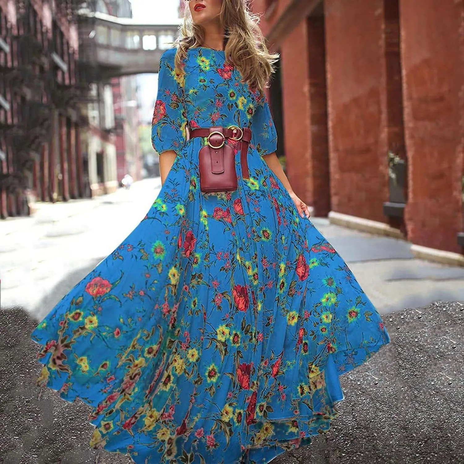 Boho Dresses for Women 2024 Crewneck Puff Short Sleeve Floral Maxi Dress Summer 2024 Trendy Beach Vacation Sundress