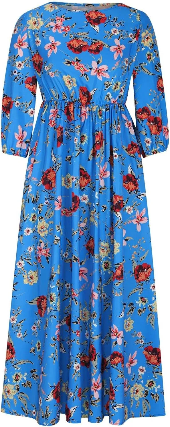 Boho Dresses for Women 2024 Crewneck Puff Short Sleeve Floral Maxi Dress Summer 2024 Trendy Beach Vacation Sundress