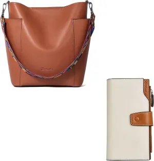 BOSTANTEN Leather Bucket Handbag Designer Hobo Shoulder Handbags Set with Clutch Purses Bundle with Womens Wallet Leather Wallets Large Capacity Cash Cluth Zipper Purses