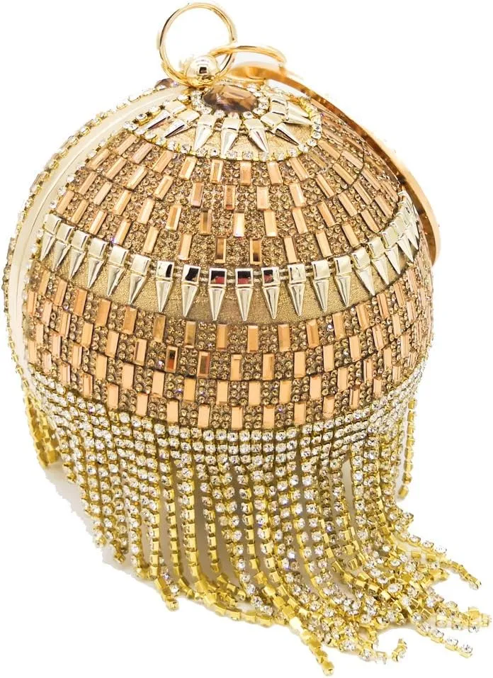 Boutique De FGG Round Ball Crystal Clutch Purse Women Formal Evening Bags Wedding Party Tassel Rhinestone Clutch Bags,Mini