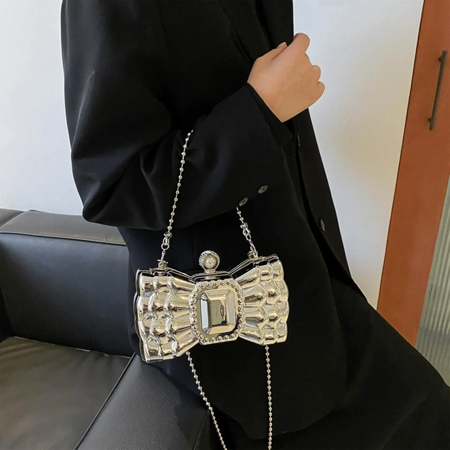Bow Purse for Women Mini Bow Clutch Purse Crossbody Cute Clutch Y2k Bow Metallic Small Wedding Party Rhinstone Handbag