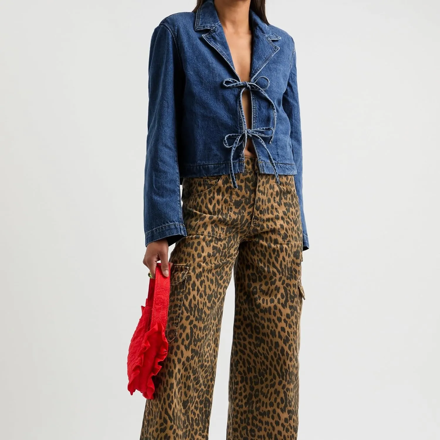 Bowanadacles Woman Fashion Tie Up Denim Jacket Fall Lapel Neck Open Front Jeans Top Long Sleeves Crop Denim Coat Streetwear