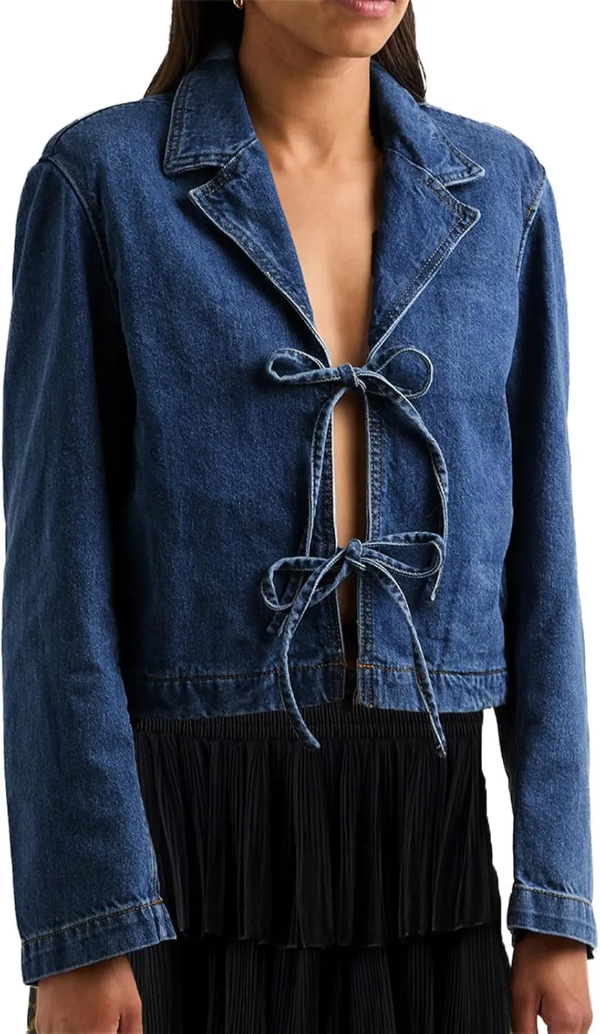 Bowanadacles Woman Fashion Tie Up Denim Jacket Fall Lapel Neck Open Front Jeans Top Long Sleeves Crop Denim Coat Streetwear