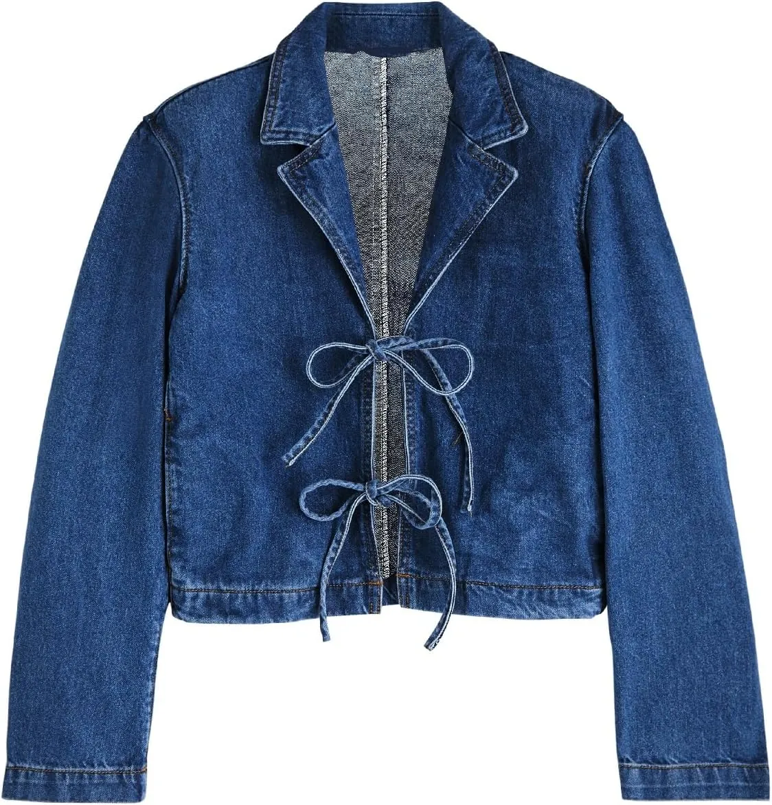 Bowanadacles Woman Fashion Tie Up Denim Jacket Fall Lapel Neck Open Front Jeans Top Long Sleeves Crop Denim Coat Streetwear